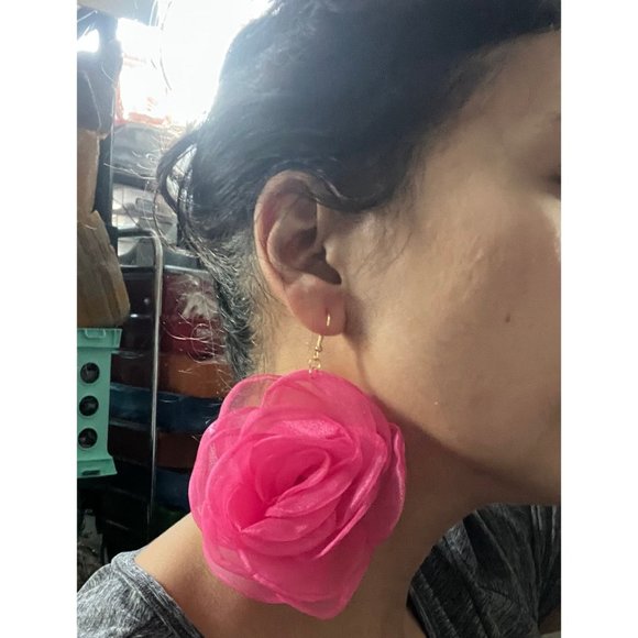 Large fuchsia flower earrings , pink flower  hook fabric petal chunky statement - Picture 2 of 4